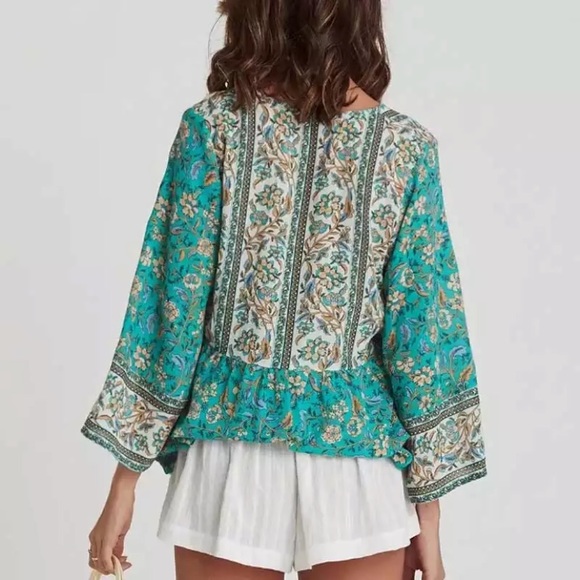 Green Bohemian Floral Button Neck 3/4 Sleeve Blouse Top w/ Tie - Picture 4 of 9